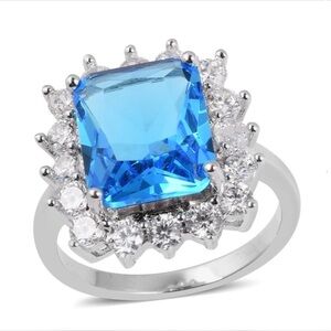 Simulated Blue Quartz, Diamond Ring in Silvertone
